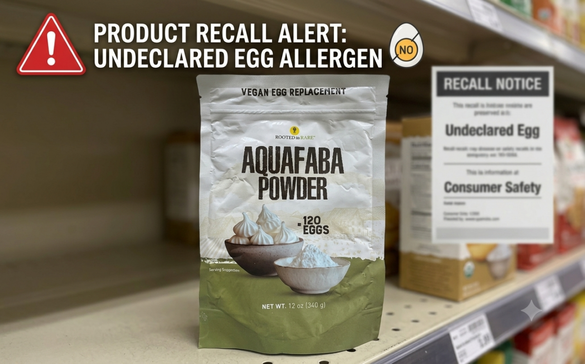 Aquafaba Powder 4oz (113g) and 12oz (340g) flexible foil pouches recall